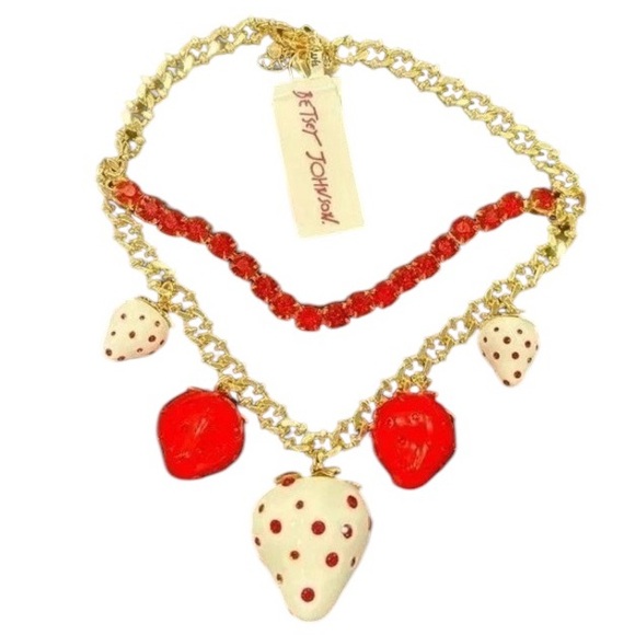 BETSEY JOHNSON Strawberry & Crystals Frontal Multi-Strand Statement Necklace NWT - Picture 1 of 12